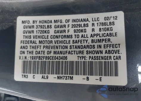 2012 Honda Civic Ex from USA, damaged, VIN 19XFB2F89CE043406